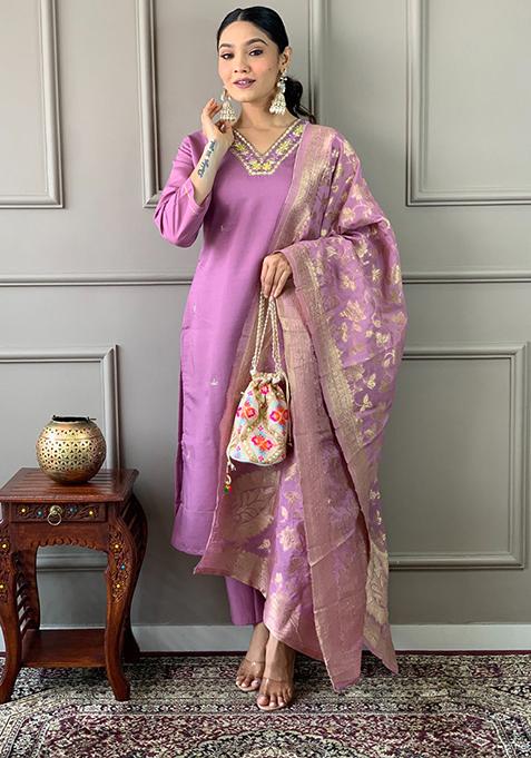 Lavender Embroidered Chanderi Kurta Set