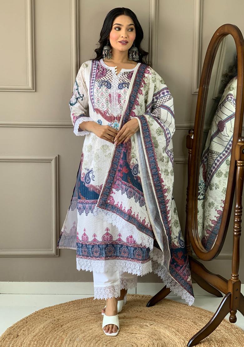 Off White Printed Muslin Kurta Set