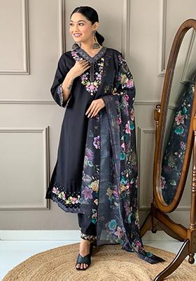 Black Embroidered Chanderi Kurta Set