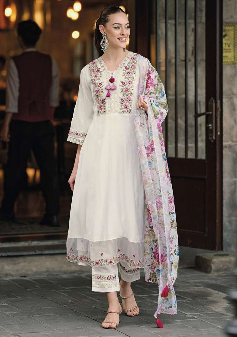White Embroidered Chanderi Anarkali Set - Indya