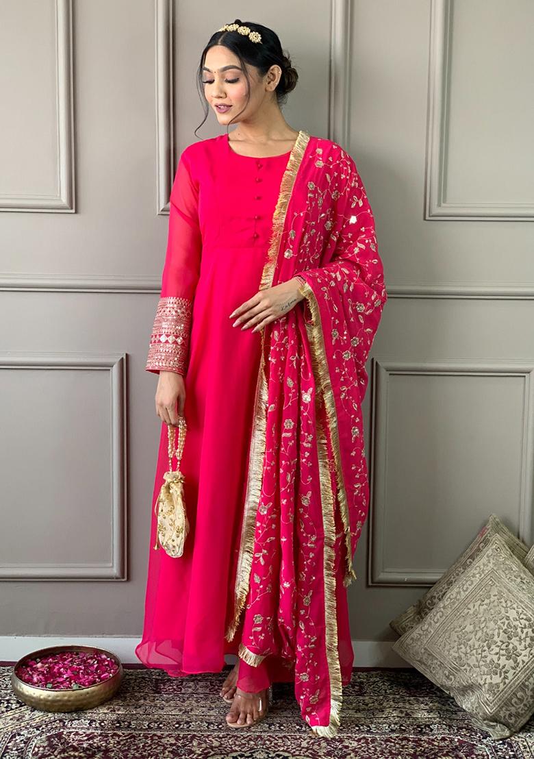 Pink Embroidered Georgette Kurta Set