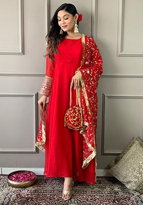 Red Embroidered Georgette Kurta Set