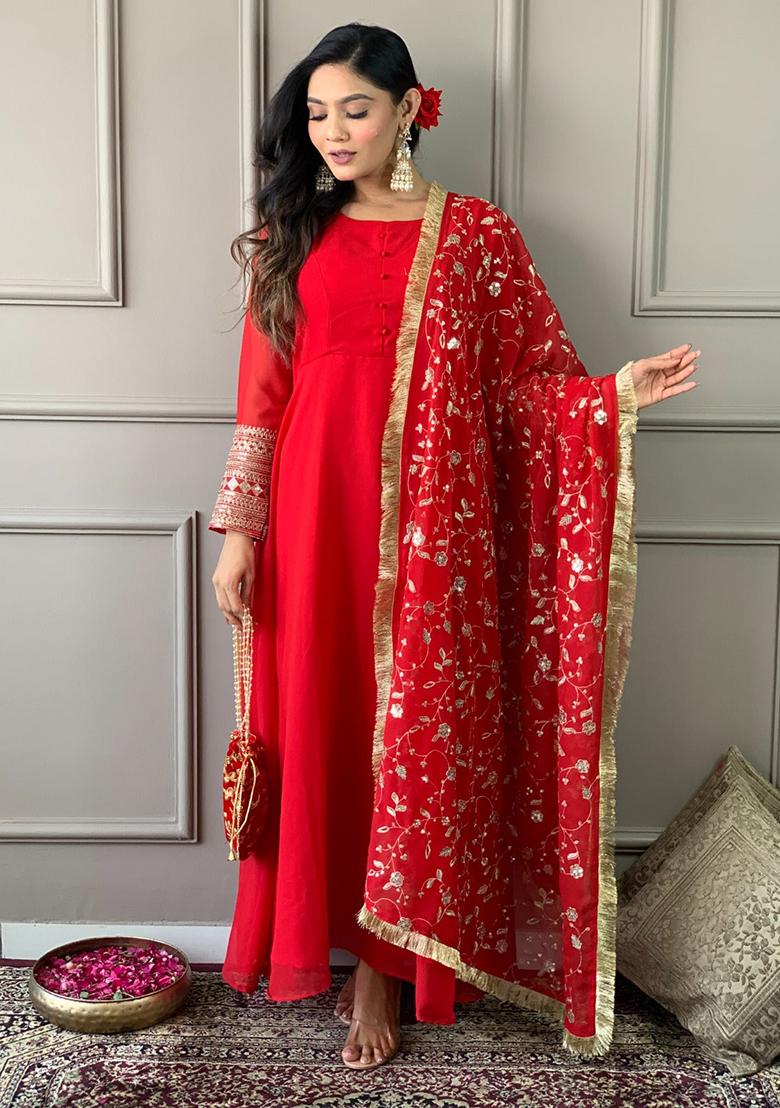 Red Embroidered Georgette Kurta Set