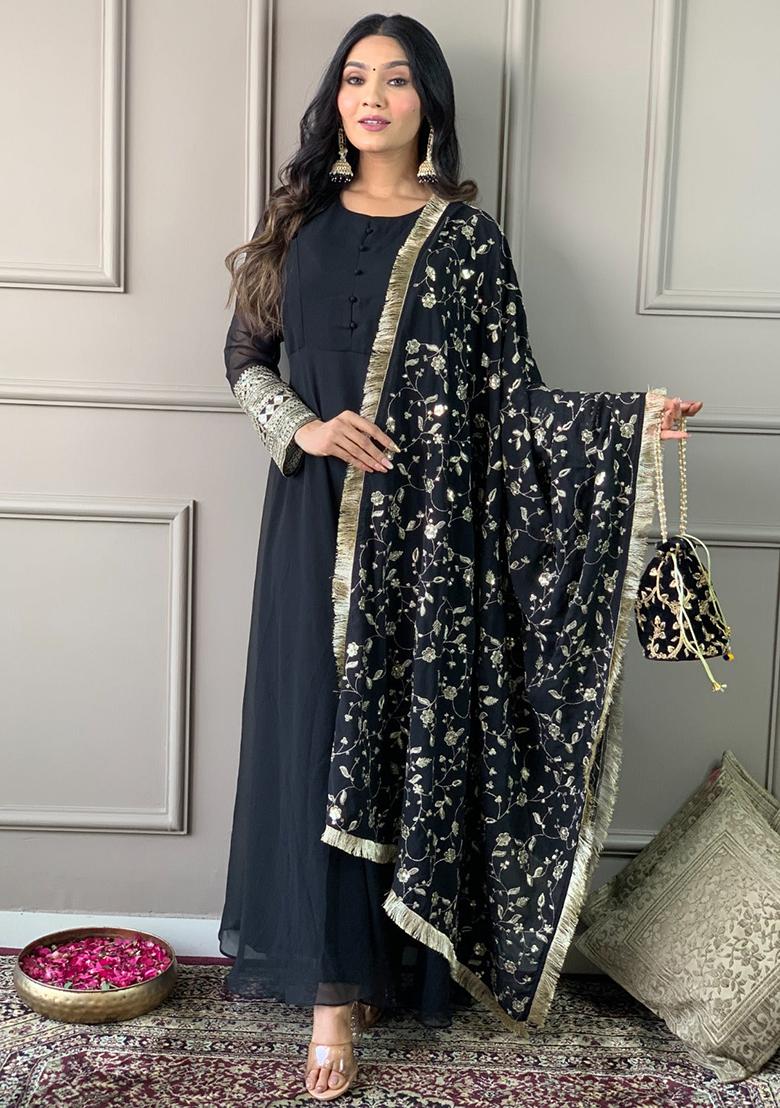 Black Embroidered Georgette Kurta Set