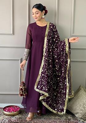 Maroon Embroidered Georgette Kurta Set