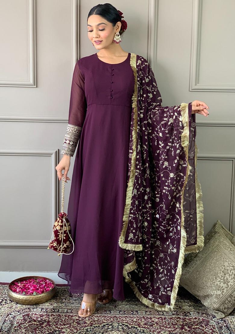 Maroon Embroidered Georgette Kurta Set