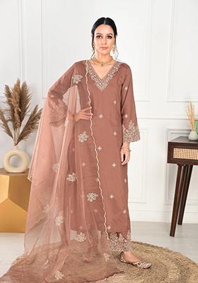 Brown Embroidered Cotton Kurta Set