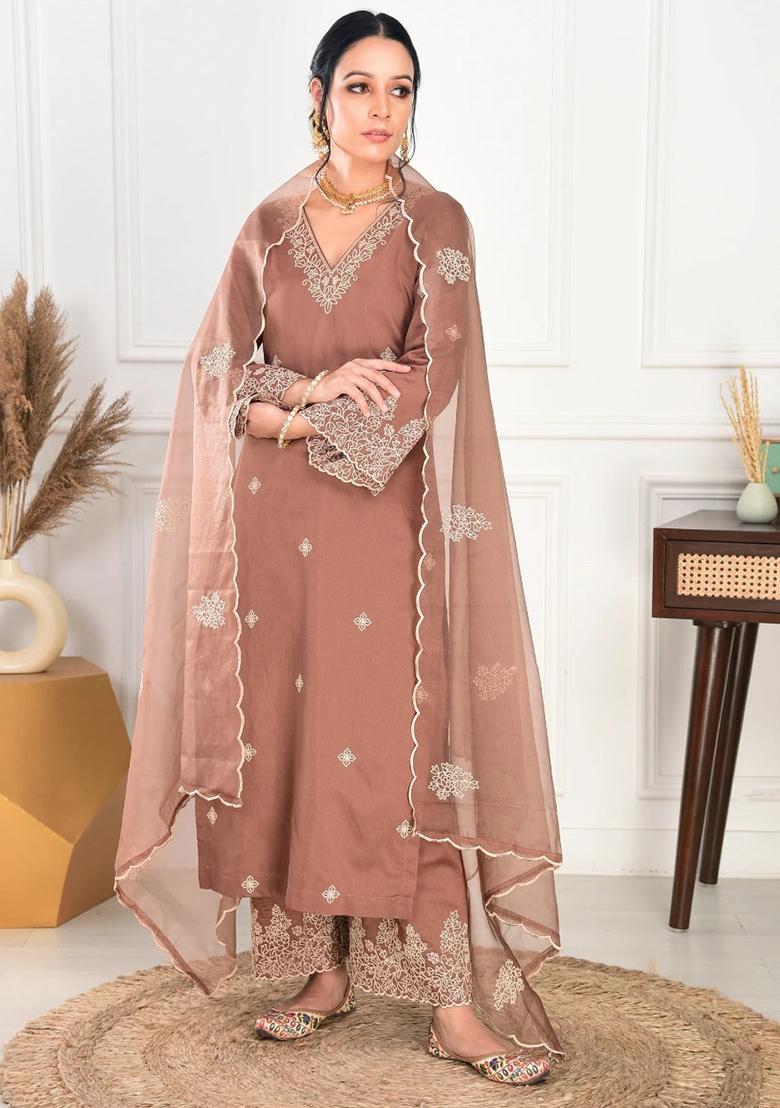 Brown Embroidered Cotton Kurta Set