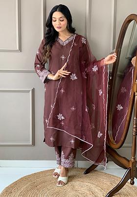 Brown Embroidered Cotton Kurta Set