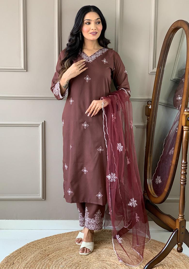 Brown Embroidered Cotton Kurta Set