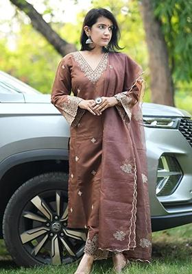 Brown Embroidered Cotton Kurta Set