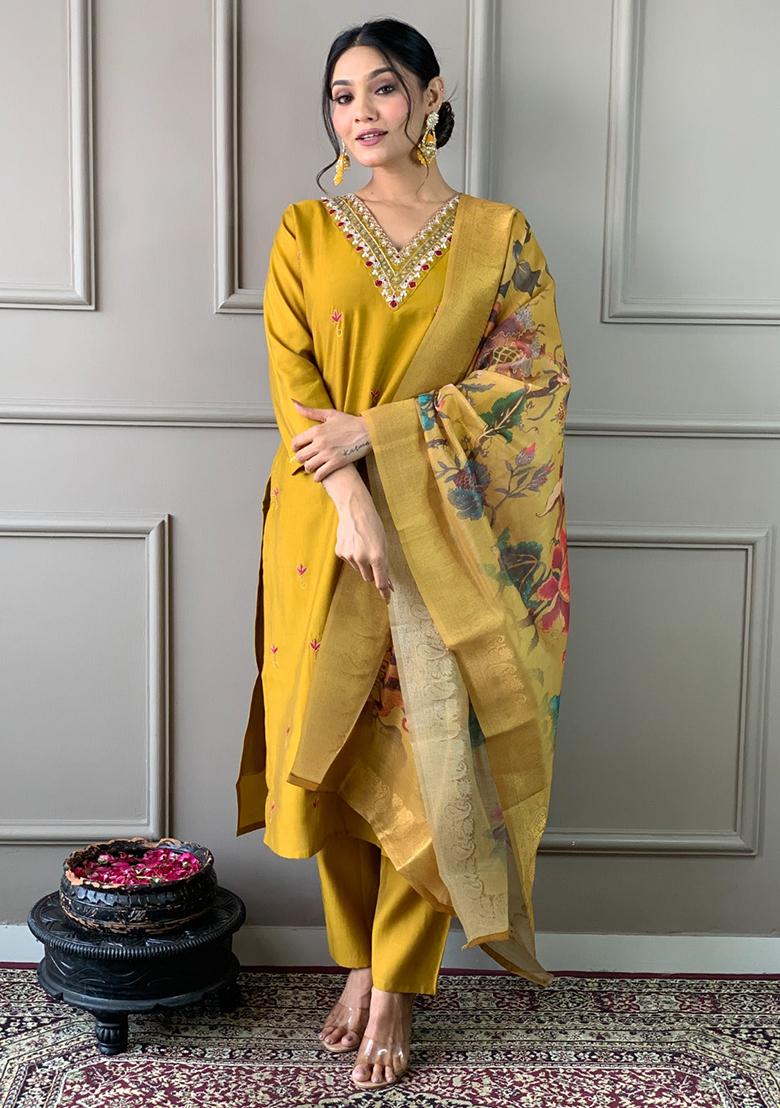 Mustard Embroidered Chanderi Kurta Set