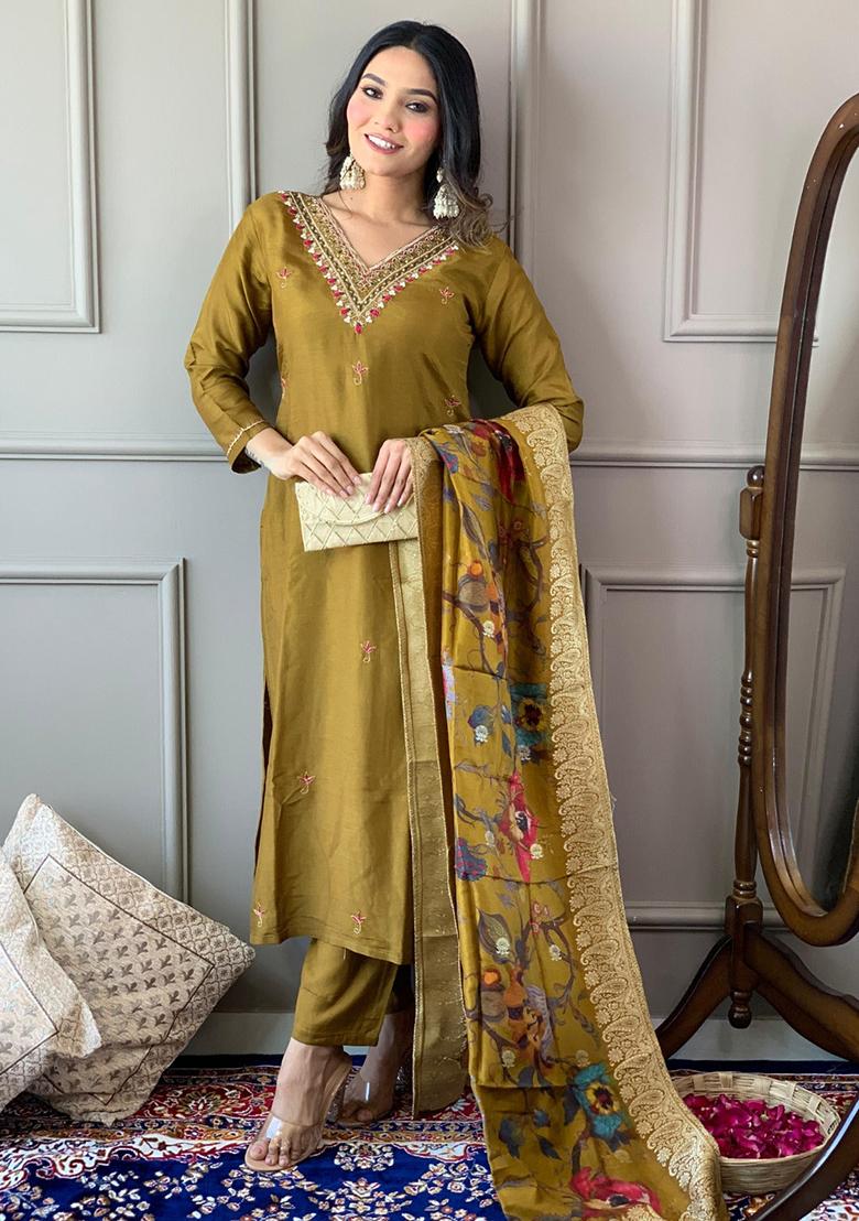 Mustard Embroidered Chanderi Kurta Set