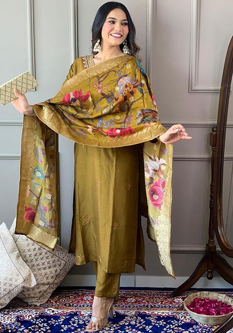 Mustard Embroidered Chanderi Kurta Set