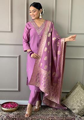 Lavender Embroidered Chanderi Kurta Set