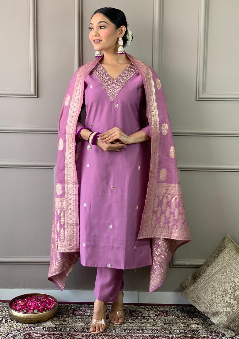 Lavender Embroidered Chanderi Kurta Set