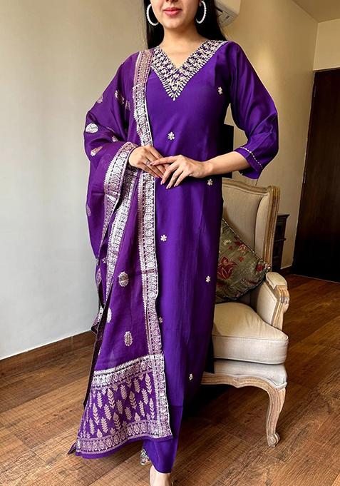 Purple Embroidered Chanderi Kurta Set