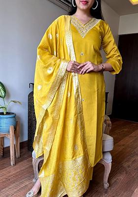 Yellow Embroidered Chanderi Kurta Set