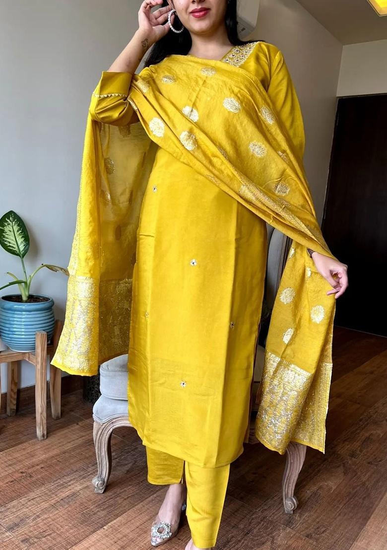 Yellow Embroidered Chanderi Kurta Set