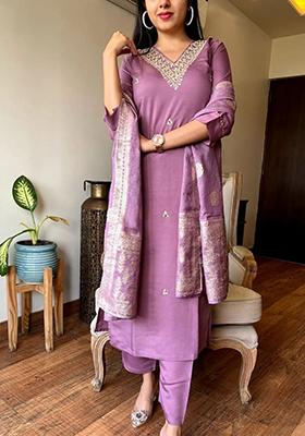 Lavender Embroidered Chanderi Kurta Set