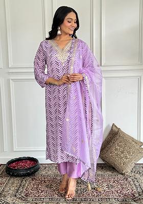 Purple Embroidered Crepe Kurta Set
