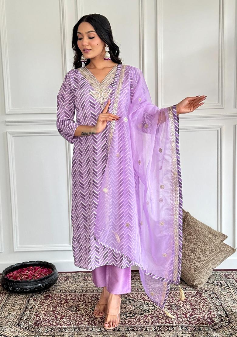 Purple Embroidered Crepe Kurta Set