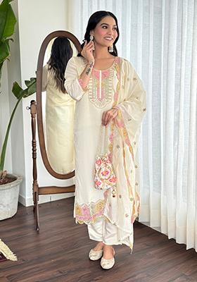 White Embroidered Chanderi Kurta Set