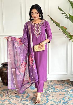 Purple Embroidered Chanderi Kurta Set