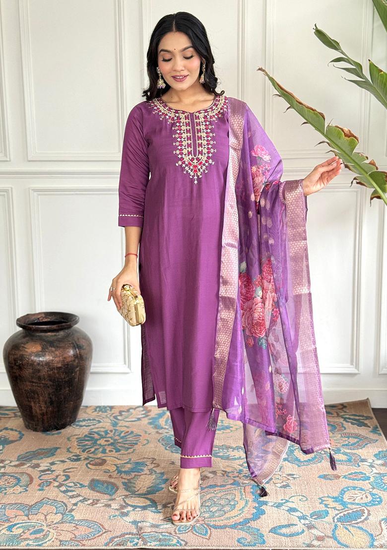 Purple Embroidered Chanderi Kurta Set
