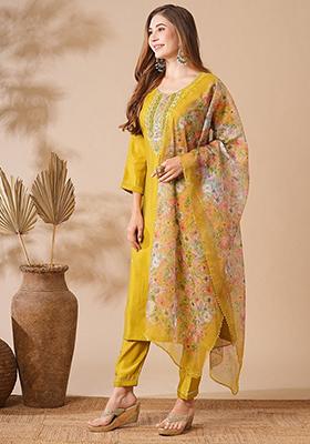 Mustard Embroidered Chanderi Kurta Set