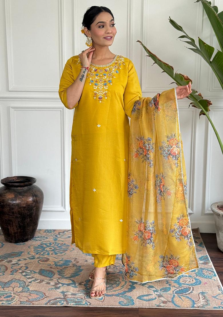 Yellow Embroidered Chanderi Kurta Set