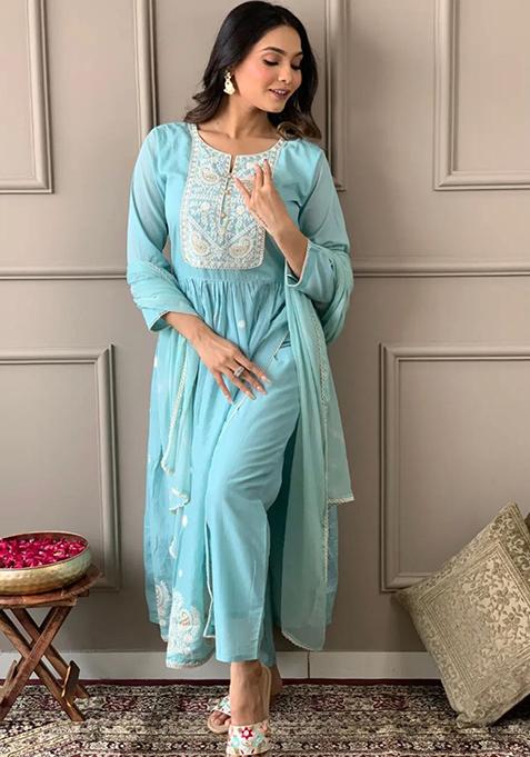 Sky Blue Embroidered Chanderi Kurta Set