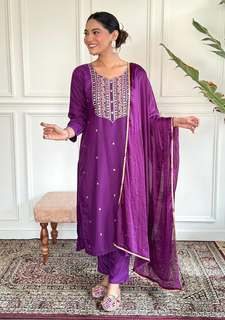 Purple Embroidered Rayon Kurta Set