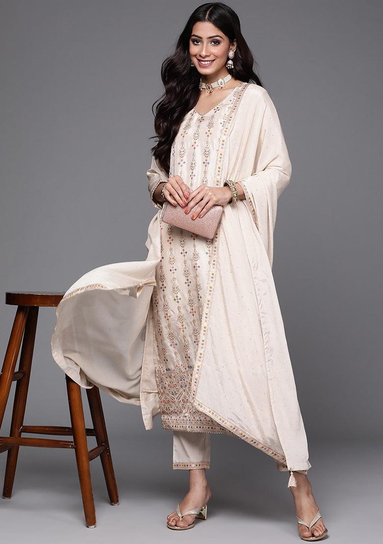 Off White Embroidered Jacquard Kurta Set