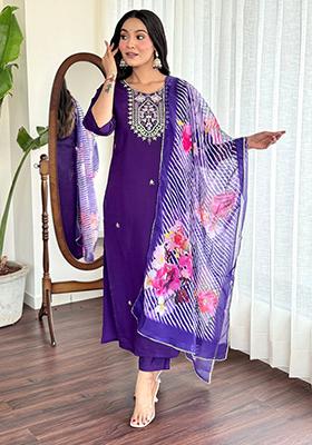 Purple Embroidered Chanderi Kurta Set