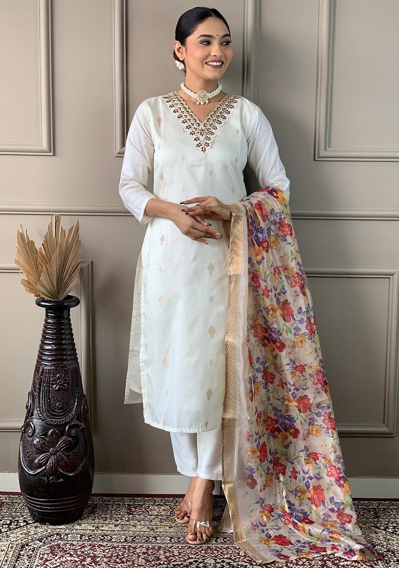 Off White Embroidered Viscose Kurta Set