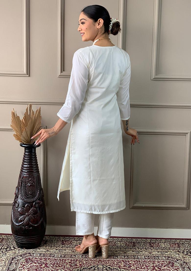 Off White Embroidered Viscose Kurta Set