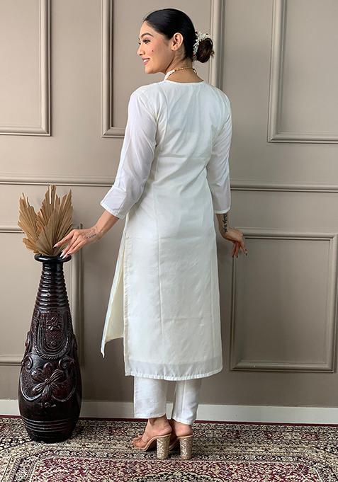 Off White Embroidered Viscose Kurta Set