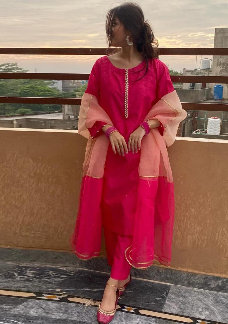 Pink Embroidered Chanderi Kurta Set