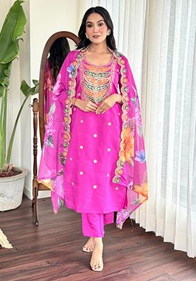 Pink Embroidered Chanderi Kurta Set