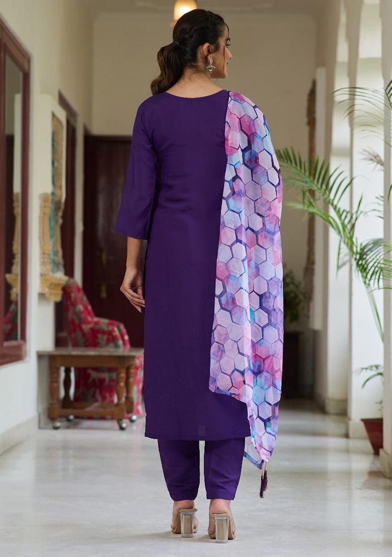 Purple Embroidered Rayon Kurta Set