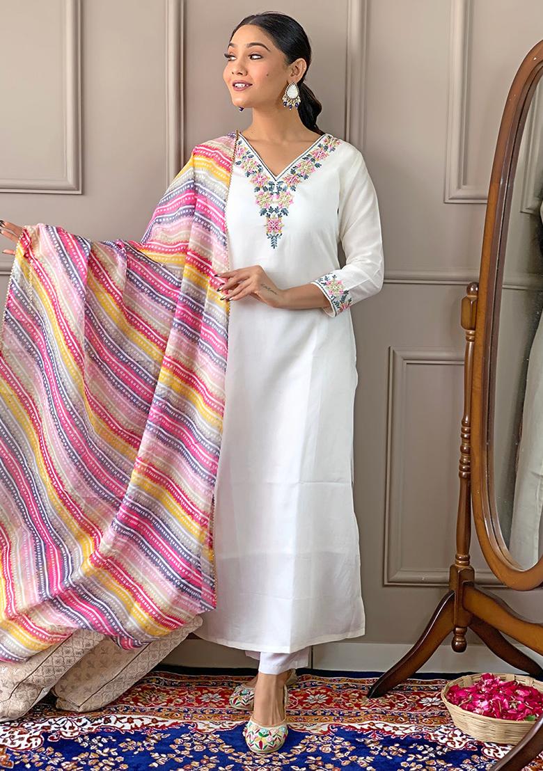 White Embroidered Viscose Kurta Set