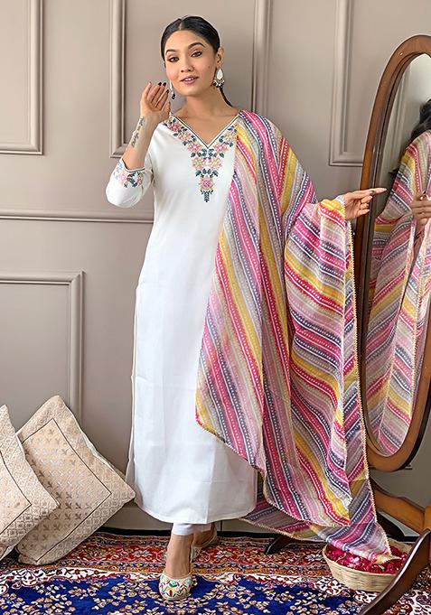 White Embroidered Viscose Kurta Set
