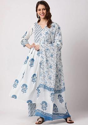 Off White Printed Cotton Kurta Set