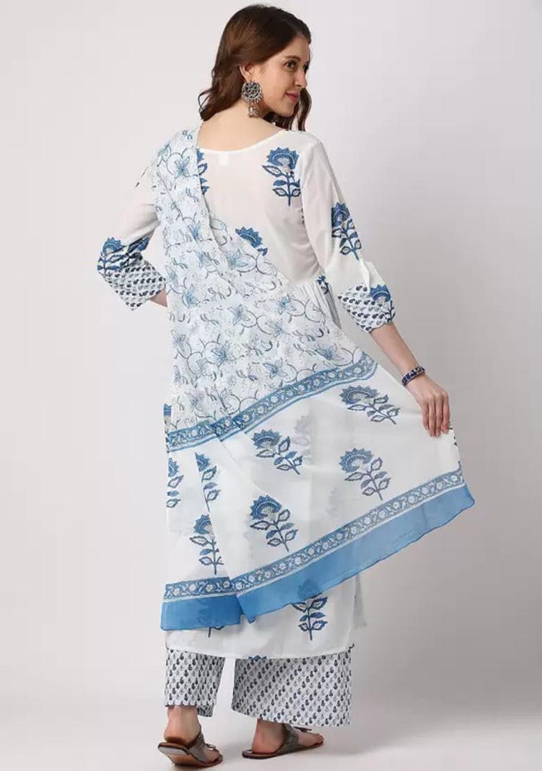 Off White Printed Cotton Kurta Set
