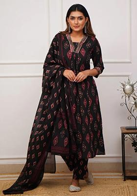 Black Printed Rayon Kurta Set