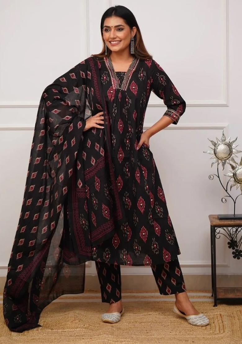 Black Printed Rayon Kurta Set