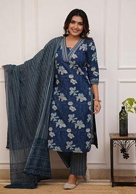 Navy Blue Printed Rayon Kurta Set