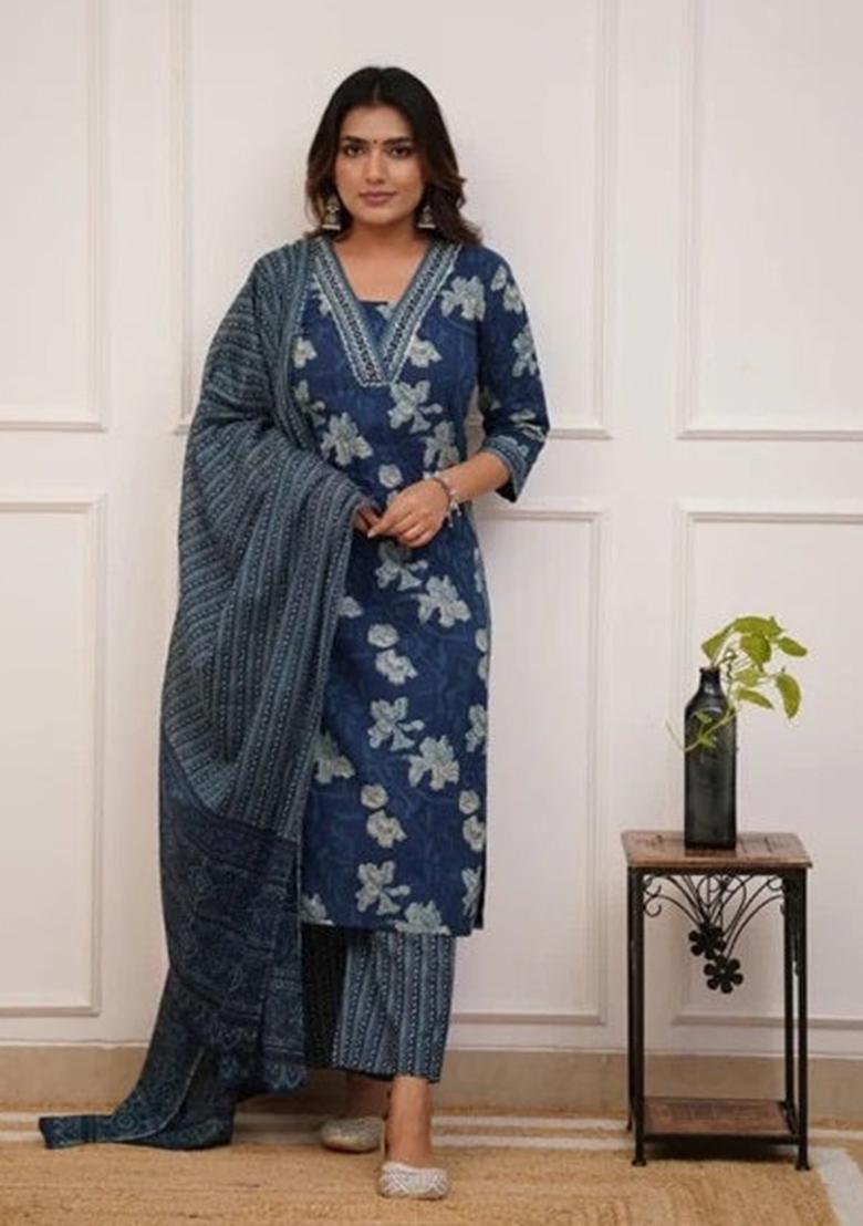 Navy Blue Printed Rayon Kurta Set