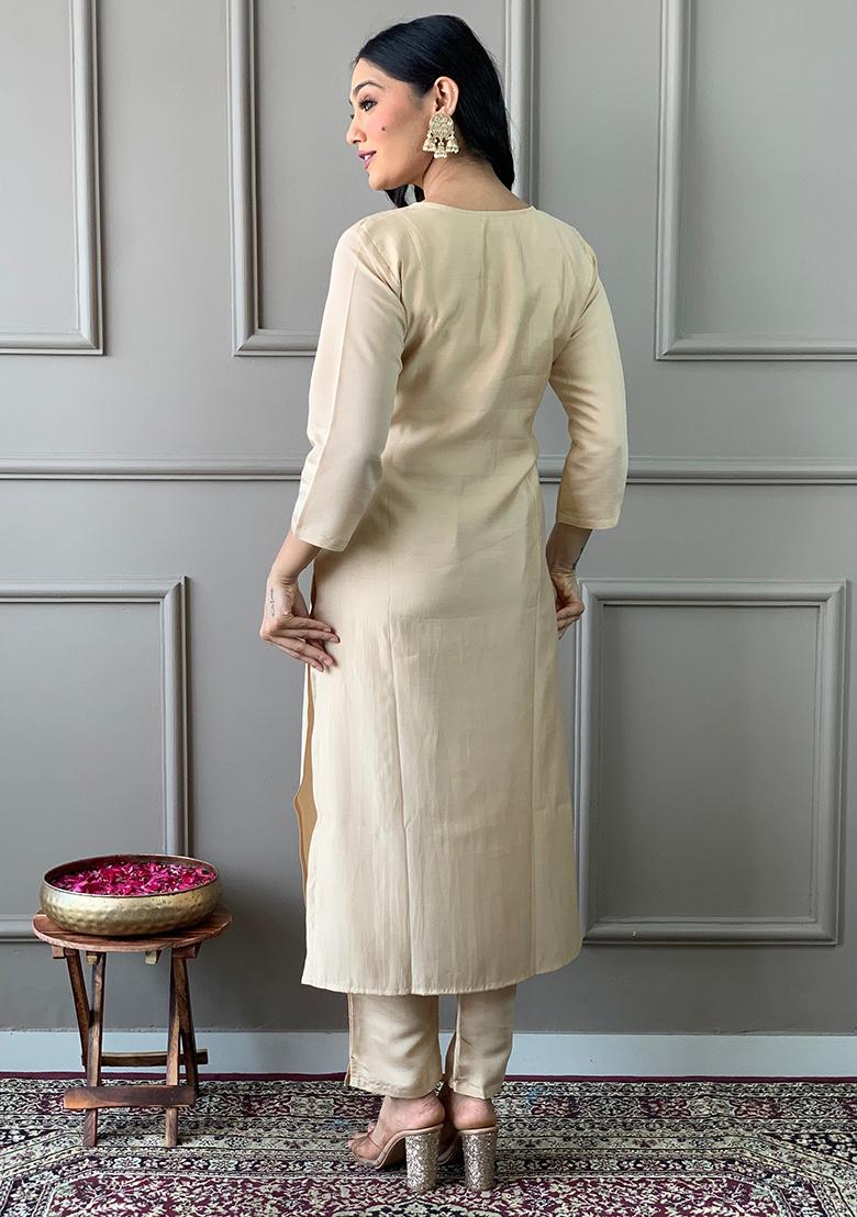 Chiku Brown Embroidered Poly Blend Kurta Set